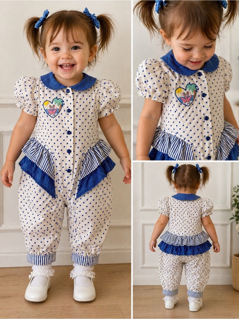 Vintage 80s Baby Romper Polka Dot Ruffle Peter Pan Collar Flamingo 12-18 Mos